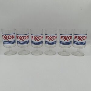 6× Vintage Exxon "Biloxi‎ – 1977" Footed Goblet Glasses – Rare Gas Station Promo